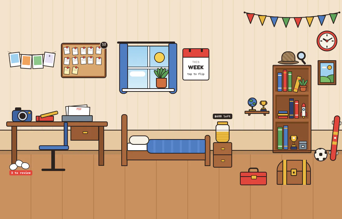 Boy's room: a wooden desk and a corkboard of pinned receipts, a sunny window with blue curtains, a single bed with a blue blanket, a bookshelf with trophies, bunting and a red wall clock.