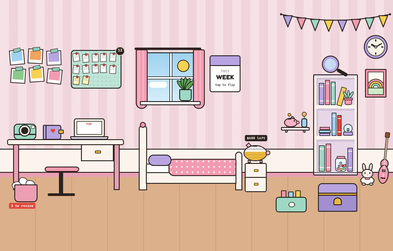Girl's room in pink and lilac: a white desk with an instant camera and a laptop, a mint pinboard of receipts, pink curtains, a polka-dot bed, a white bookshelf, a toy bunny and a pink ukulele.