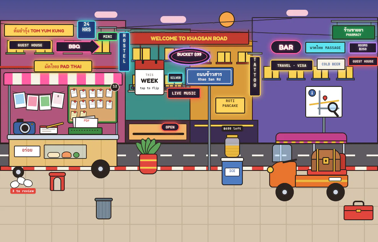 Khaosan Road at street level: a food cart under a striped awning, neon signs for pad thai, a hostel, a bar and Thai massage, the Khao San Rd street sign and an orange tuk-tuk.