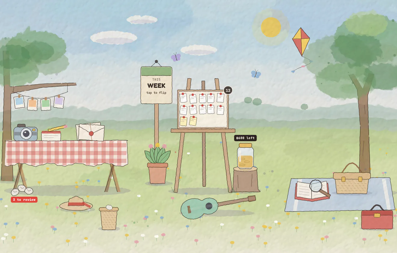 Flower meadow in watercolour: a gingham picnic table under a tree, receipts pinned to an easel, a kite and butterflies in the sky, a ukulele in the grass and a picnic blanket with a basket.