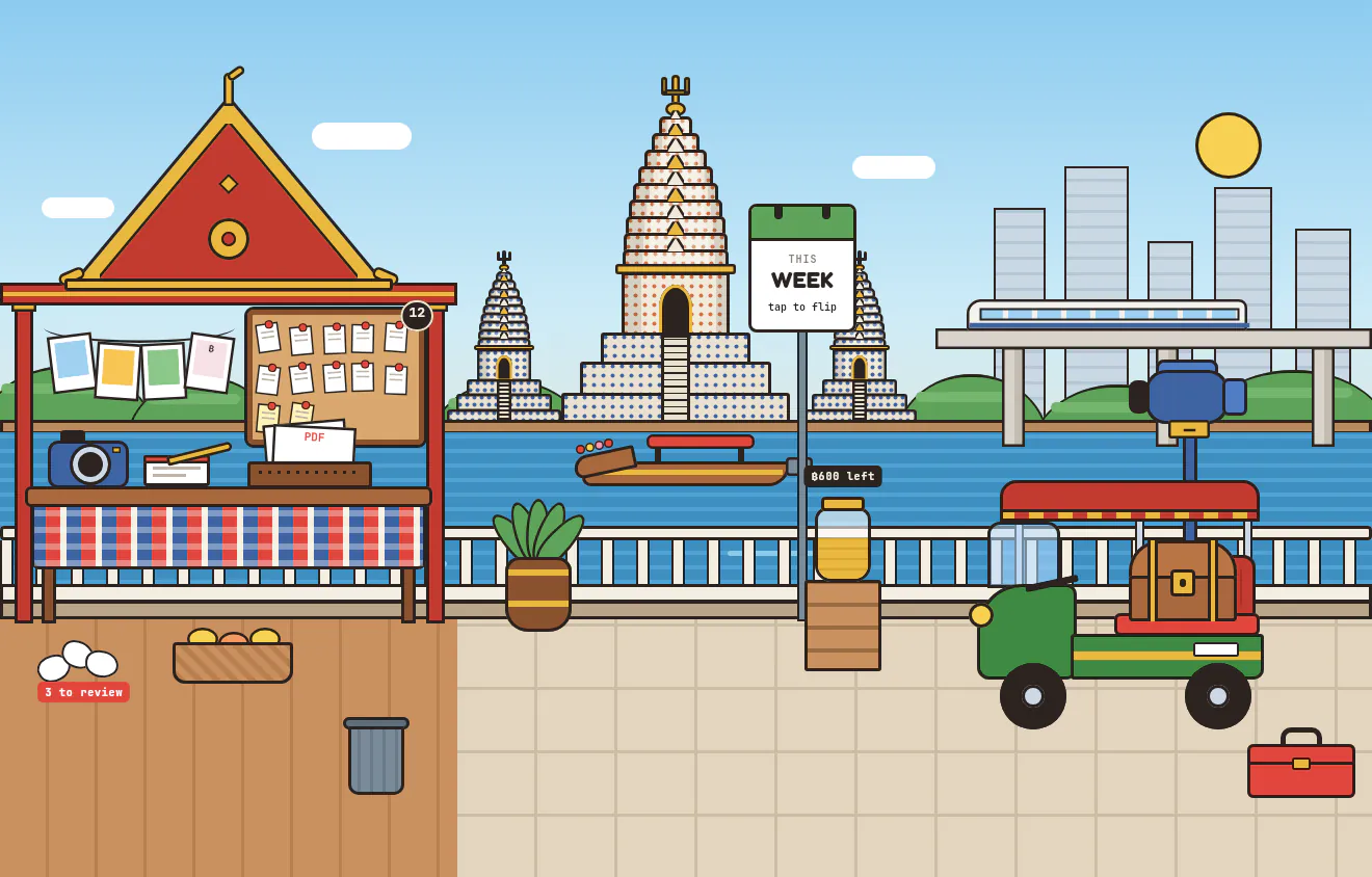 Riverside: a red-roofed Thai pavilion on the Chao Phraya, temple prangs across the water, a long-tail boat, the Skytrain on its viaduct, city towers and a green tuk-tuk.