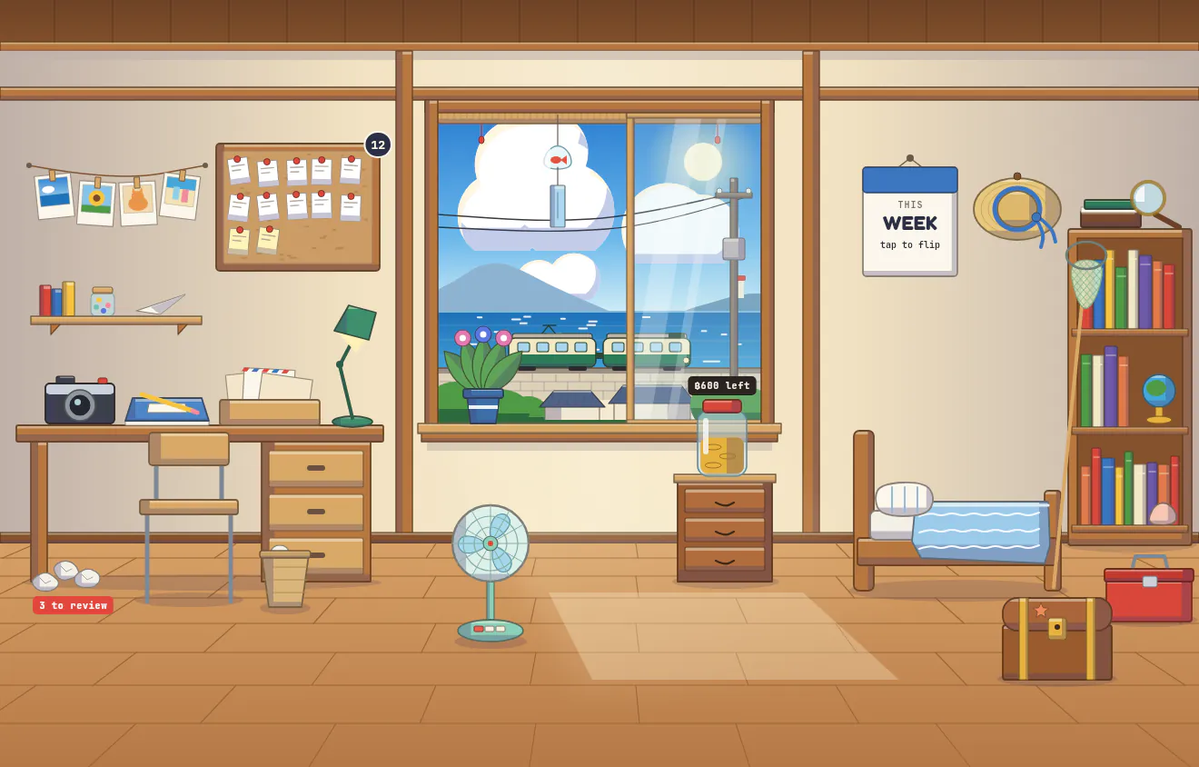Seaside summer: a wooden Japanese-style room with a big window onto the sea, a passing train and a mountain beyond, a wind chime, an electric fan, a low bed and a bookshelf.